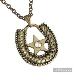Horseshoe Necklace Crystal Gold Brass Plated 24" Country Western Cowgirl Luck